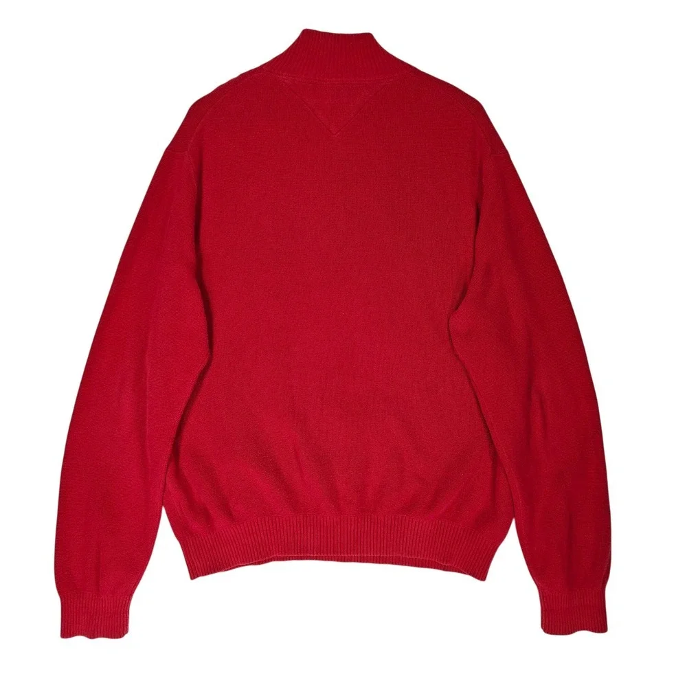 Tommy Hilfiger Mens Red Quarter Zip Cotton Knit Sweater Large Flag Logo Striped